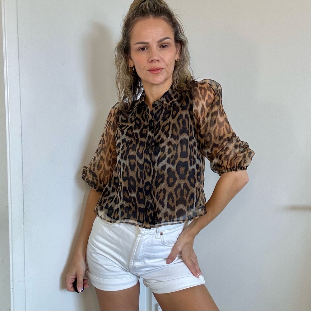 Zara Brown and Black Leopard Print Sheer Blouse